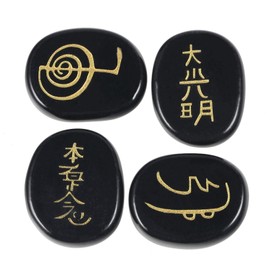 Amogeeli Black Agate Chakra Symbol Engraved Crystal Energy Pocket Stone Healing Reiki Stone Set of 4
