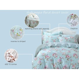 FADFAY Cotton Duvet Cover Set Full Size Blue Floral Bedding Set Super Soft Purple Hydrangea Flower Print Reverse to Striped Zipper Bed Cover French Countryside Girls Bedding 3 Pcs, Full