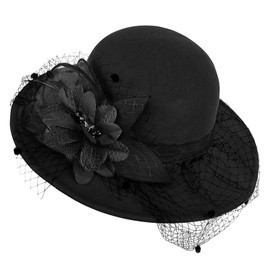 Women Wide Brim Fascinator Hat Vintage Felt Veil Winter Kentucky Derby Wedding Party Hat, black