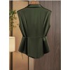 Women's Satin Wrap Blouse Dark Green Collared Sleeveless Tie Waist