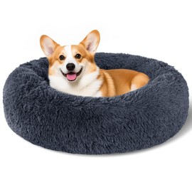 Kimpets Dog Calming Beds for Small Medium Large Dogs - Round Donut Washable Puppy Dog Bed, Anti-Slip Faux Fur Fluffy Donut Cuddle Anxiety Cat Pet Bed(28" Dark Grey)