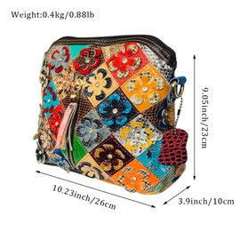 Segater® Multicoloured Floral Cowhide Leather Shoulder Bag for Women, Vintage Cowhide Handbag Floral Pattern 3D Shoulder Bags Women's Travel Bag with Handbag Patchwork Colourful Purses Handbag,