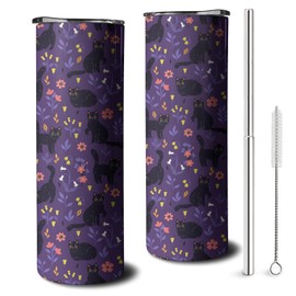 Xchearser Cute Cat with Flower Tumbler with Handle and Straw, 20oz Stainless Steel Insulated Cup with Lid and Straw, Travel Mug Water Bottle, Gifts for Women