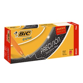 BIC Bolígrafo Cristal Punto Fino 0.8 mm Escritura Precisa Y Firme Cuerpo Hexagonal Tapa Ventilada para Evitar Asfixia Rojo 12 Piezas + 1