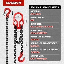 YATOINTO 5/16" x 10FT Adjustable Lifting Chain Sling, G80 7000LB 2-Leg with Oiled Finish & Safety Hooks (5/16 inch x 10Ft)