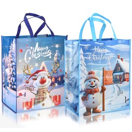 Christmas Tote Bags - 2 Pack Large Christmas Bags with Snowmen and Elk Handle Non-woven Fabric Gift Present Bag，ADQUATOR 40 * 20 * 50cm Xmas Shopping Bag for Christma Gift