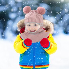 Aoreun Toddler Baby Scarf Hat Warm Lined Pom Winter Hat for Girls and Boys Baby Hat Knitted Hat with Bobble Girls Boys Warm Fur Bobble Beanie Hats for 2-7 Years, pink