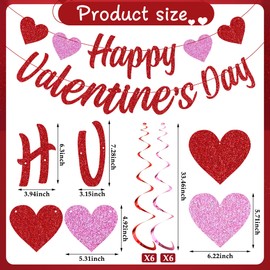Happy Valentines Day Decorations Set Valentine’s Day Banner with Heart Hanging Swirls Red and Pink Heart Garlands Banner for Valentine's Day Party Supplies Heart Decorations