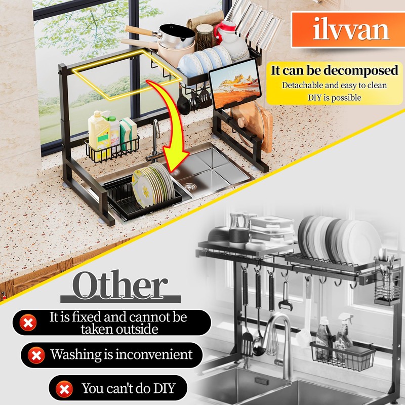 ilvvan Over Sink Dish Drying Rack (Expandable Height/Length) Snap-On Design