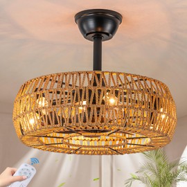 20" Boho Ceiling Fans with Lights and Remote Control,Rattan Caged Fandelier Fan Lighting,6-speed Low Profile Ceiling Fan,Quiet Flush Mount Ceiling Fan with Light for Bedroom,Kitchen,Dining,Nursery