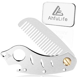 AhfuLife Peine de metal de acero inoxidable para cabello y barba, peine plegable multifuncional de bolsillo EDC con abridor de botellas que cabe en el