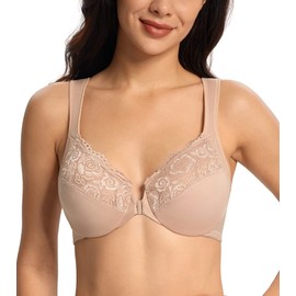 Lemorosy Women's Plus Size Front Closure Lace Bra Full Coverage Underwire Unlined Everyday Bra（Beige,46C