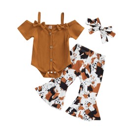 Lefyira Cow Print Bell Bottoms Baby Girl Off Shoulder Short Sleeve Romper Rib Knit Button Bodysuit Flare Pants Headband Outfit (Brown, 12-18 Months)