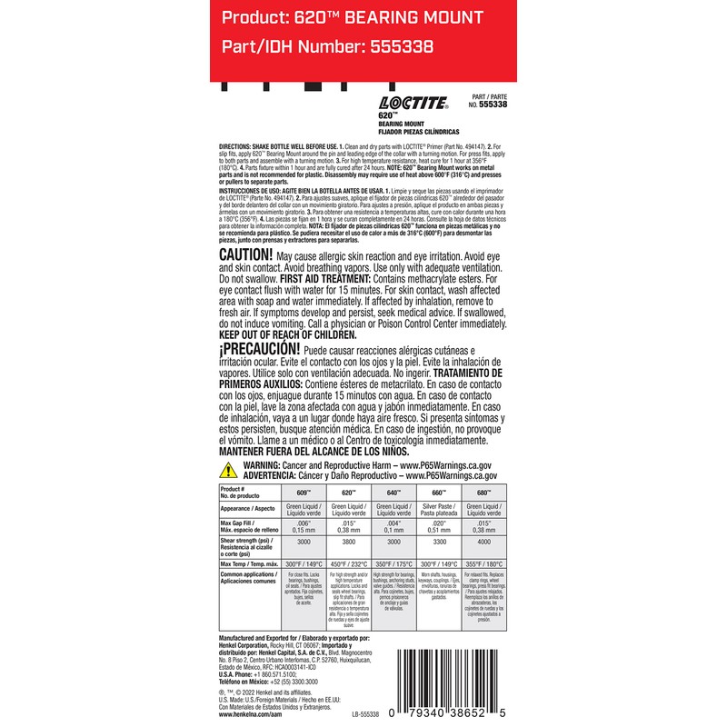 Loctite 38652 620 High Temperature Bearing Mount Bottle - 36