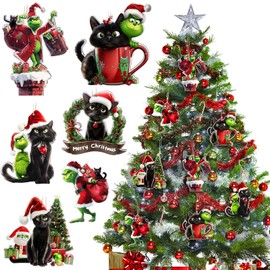 Joyoldelf Grinch Christmas Decorations - 6Pcs Christmas Black Cat Ornament Grinch Pendants for Hanging on Xmas Tree, Christmas Tree Decorations Indoor Home Party Gifts