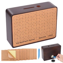 Selizo Wooden Money Box, Money Box with Numbers Tick with Target, Piggy Bank with Savings Target, Reusable €500 €1,000 €2,000 €3,000 €5,000 No Assembly Required, Brown