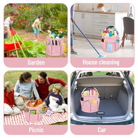 mumisuto Cleaning Basket, Cleaning Supplies Organiser, Tool Basket with 6 Outer Pockets, Storage Basket with Handle, Tool Basket Bag for Indoor, Garden, Bathroom, 28 x 28 cm (Pink)