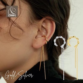 Cruyff Ear Cuffs, Ear Cuffs, Ear Cuffs, Earrings, Hypoallergenic, Long Chain, For One Ear, Gold/Silver, Silver
