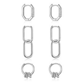 EleQueen 3Pairs Silver Plated Hoop Earrings Set, Huggie Hoop Earrings Jewelry Gift for Women, CZ Lightweight Stud Earrings