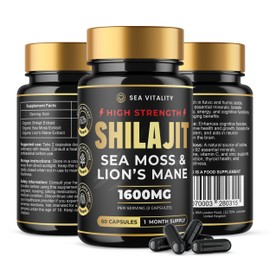 Shilajit SeaMoss and Lions Mane Capsules - 60 High-Strength Vegetable Capsules, 1600mg per Serving, Pure Shilajit, Natural Sea Moss, and Lion's Mane for Enhanced Cognitive and Physical Health