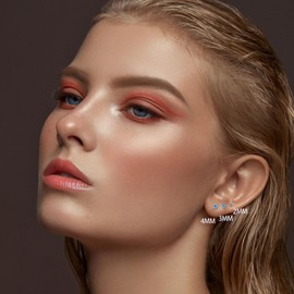 3Pairs CZ Stud Flat Screw Back Earring Studs for Women, Handmade 20G Hypoallergenic Screw Back Cartilage Helix Piercing Stud Earrings (2mm/3mm/4mm Silver, Aquamarine CZ)