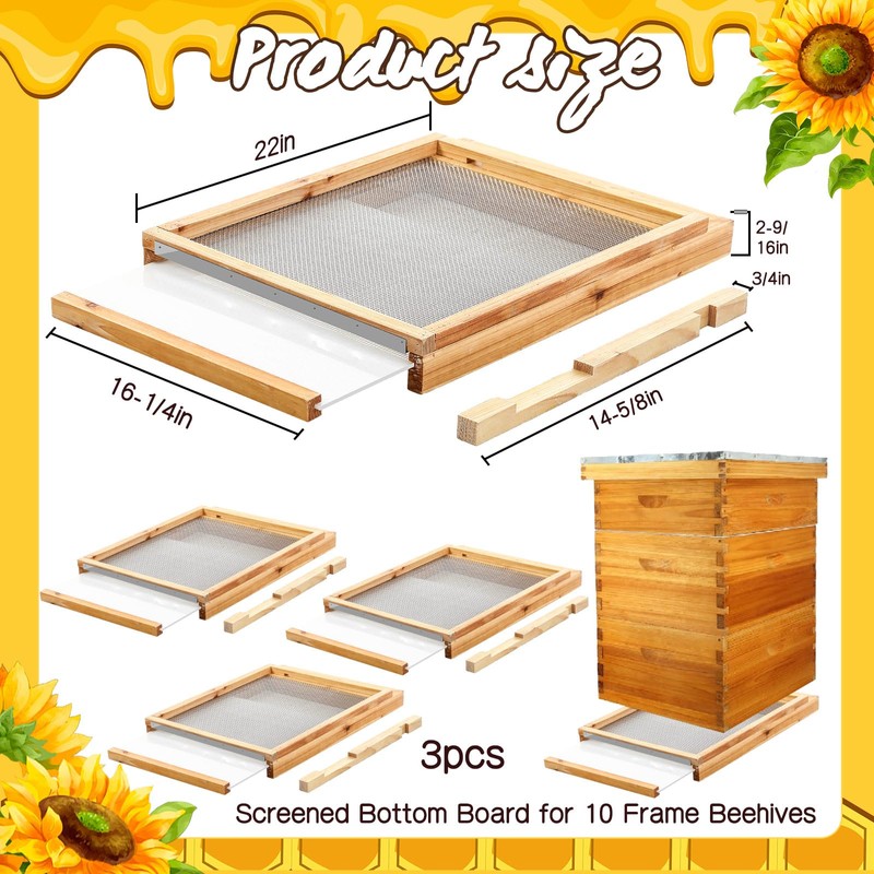 DoubleFill 3 Pcs 10 Frame Beehive Screened Bottom Board Dipped