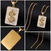 LuxGoth Stainless Steel Dollar Sign Necklace,Rhinestone Fake Gold Money Square