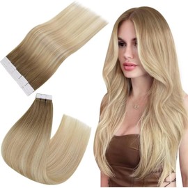 Easyouth Real Hair Tape-In Extensions, Ash Blonde Fading to Platinum Blonde, 14 inches, 40 g, Skin Weft Tape-In Extensions