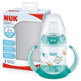 NUK First Choice+ Learn to Drink Bottle | 6-18 Months | 150 ml | Temperature Control Display | Leak-proof Drinking Spout | Ergonomic Handles | BPA Free | Fish, Green