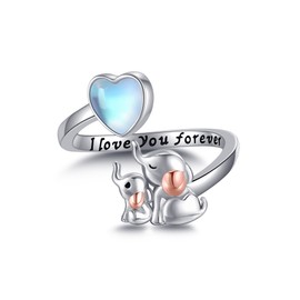 Elephant Mother Daughter Ring 925 Sterling Silver Elephant Moonstone Adjustable Thumb Open Ring Elephant Family Mothers Day Jewellery Gifts for Women Mom Grandmother