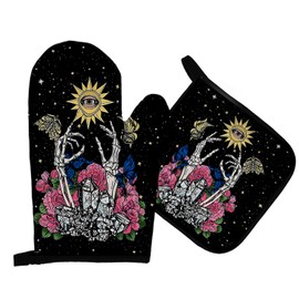 Mingnei Goth Skull Sun Oven Mitts and Pot Holders Sets, Black Skeleton Heat Resistant Potholder Kitchen Decor for Cooking Baking BBQ Grilling, Gothic Skull Floral Oven Glove Set Gifts