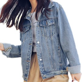 Saukiee Oversized Denim Jacket Distressed Boyfriend Jean Coat Jeans Trucker Jacket for Women Girls lightblue XL