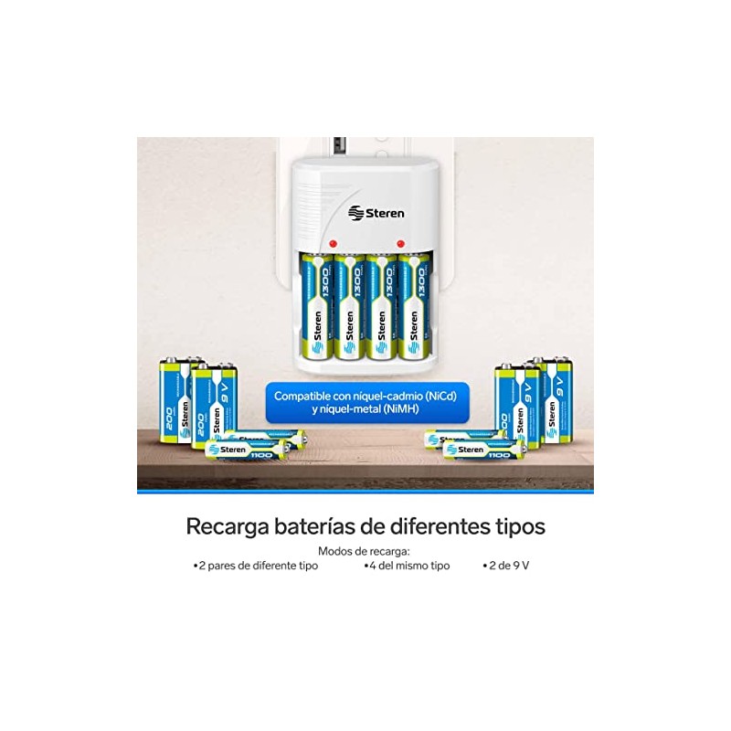 STEREN Cargador De Pilas AA, AAA Y 9v Incluye 4