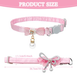 2PCS Pink Cat Collar,Cute Cat Collar with Bow Pearl,Adjustable Cute Safety Lace Bow Beads Collar, 8-10.5 inch, for Cats and Small Dogs