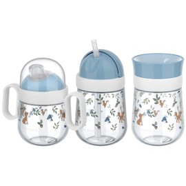 Mepal - Mio Learning Cup Set of 3 - Anti-Drip Handle Cup 200 ml - 360° Drinking Cup 300 ml - Straw Cup 300 ml - Learning Cup for Children from 6 Months - Leak-Proof - Forest Friends