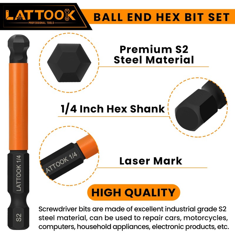 Ball End Hex Head Allen Wrench Drill Bit Set, LATTOOK