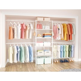 Ulif M2 Closet Organizer System, 5.9 Feet Height Mounted to the Wall Garment Rack with 4 Expandable Hanger Rods, 5 Shelves in 23.6" L x 14.5" W, Suit Total Space from 5.8-8.8 ft, White