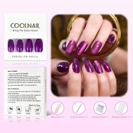Sparkly Coffin Press on Nails | Coolnail Cat Eyes Gel Nails Medium Glossy Purple Fake Nails Full Cover Unique Design Reusable Shimmer Glitter Deco False Fingernails Salon Kit for Women & Girl
