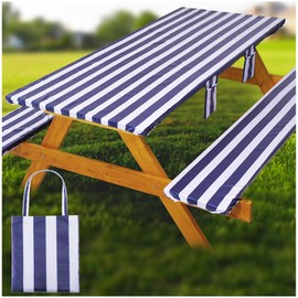 Mantel ajustable para mesa de picnic con cubiertas de banco, bordes elásticos impermeables, rectangulares, para patio, camping, exteriores, artículos esenciales para caravanas, accesorios para viajes