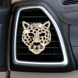 2 Pcs Bling Leopard Air Vent Clips, Crystal Leopard Car Air Fresheners Vent Clips Car Diffuser Vent Clip Rhinestone Leopard Car Decoration Car Interior Decor Bling Car Accessories for Women (Golden)