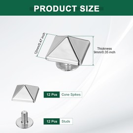 sourcing map 12 Pcs Square Spike Studs Rivets 12mm Metal Leather Rivets Rapid Rivet Studs Assortment Kit for DIY Leather Craft Clothing Bags Decorations, Silver