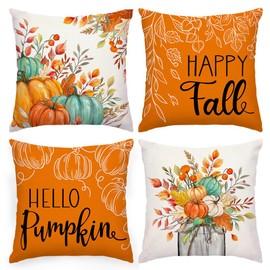 RABUSOFA Fall Pillow Covers 20x20 Inch Set of 4 Orange Aqua Pumpkin Maple Leaf Thanksgiving Autumn Decor Harvest Decorative Throw Cushion Cases Seasonal Farmhouse Outdoor Decorations for Home Couch