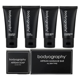 World Amenities - Kit De Aseo Bodyography 6 Piezas Champú, Acondicionador, Gel De Ducha, Loción, Jabón De Manos, Barra De Masaje Y Bolsa De Viaje