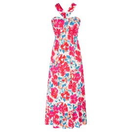 2024 Women Crossover Halterneck Sleeveless Floral Flowy Maxi Dresses Multicolor L