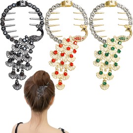3Pcs Peacock Banana Hair Clip, Tassel Ponytail Bun Holder Rhinestone Hair Bun Clip Christmas Hair Accessories for Women Girls