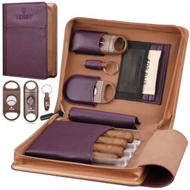 KEJIAR Travel Cigar Humidor Set, Humidor Cigar Box with V Cutter, Straight Cutter, Hole Puncher, Two-Way Humidity Control Packs, Leather Holder Case with Cigar Accessories Kit (Purple)