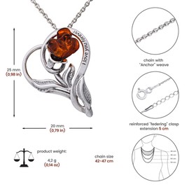 AMBEDORA Women's Necklace Heart with Rose, Oxidized Sterling Silver, Hand-carved Rose in Baltic Amber, Silver Pendant on Chain with Engraving
