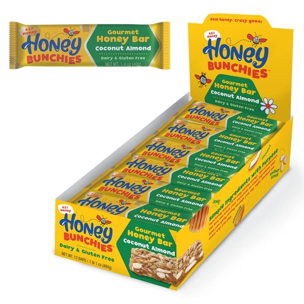 HONEY BUNCHIES GOURMET HONEY BAR, COCONUT ALMOND - Gluten Free, Dairy Free, Peanut Free, Grain Free & Soy Free, All-Natural Honey Snack Bar for Long-Lasting Energy & Nutrition (12 - 1.4 oz bars)