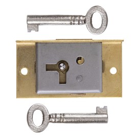 Small Right Hand Cabinet Door or Drawer Brass Plated Half Mortise Lock w/Two Skeleton Keys | S-19R