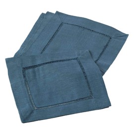 Fennco Styles Solid Color Vibrant Hemstitched Linen Blend Coaster Cocktail Napkins 6 x 6 Inch, Set of 4, Indigo
